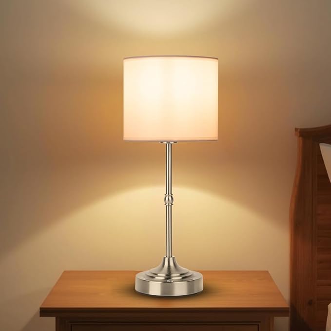Rechargeable Table Lamp, Cordless Touch Lamps, Portable Desk Light with Stepless Dimmable Brightness & Fabric Shade for Nightstand Bedside Living Room (Silver, Straight) - Bloomnest