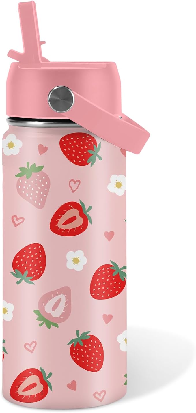 16oz Insulated Water Bottle with Handle & Flip Straw Strawberry-Themed Tumbler, Stainless Steel Heart-Shape Themed Mugs, Gifts for Girls Coworkers, Friend, Travel Cup - Bloomnest