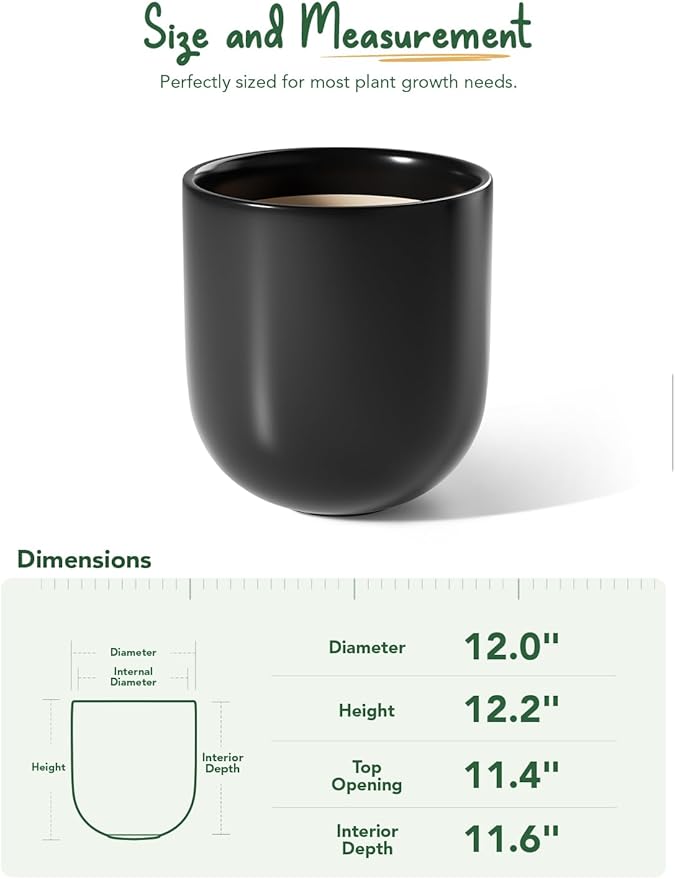 LE TAUCI 12 Inch Pots for Plants, Ceramic Large Planters for Home Garden Patio Office, Indoor Modern Plant Pots with Drainage Hole and Rubber Plug, Black - Bloomnest
