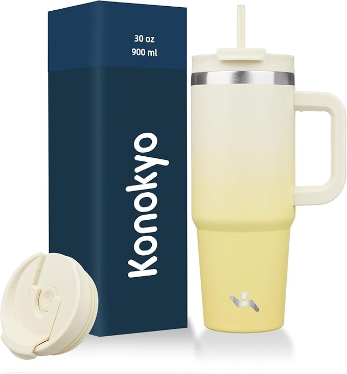 30 oz Tumbler with Handle and 2 Straws,2 in 1 Lid Insulated Water Bottle Stainless Steel Travel Coffee Mug,Lemon - Bloomnest