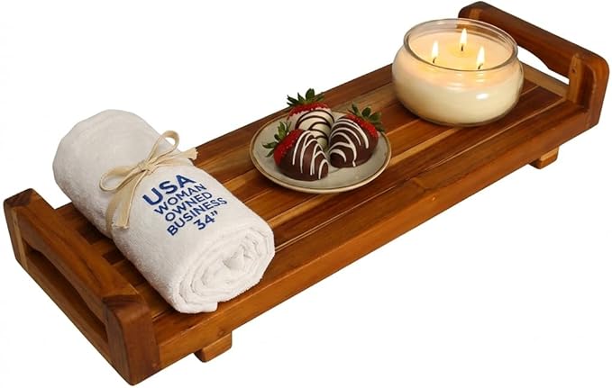 EcoDecors, 34 inch, with LiftAid Handles, Bath Tray for Tub, Bath Tub Tray Wood, Bathtub Table, Caddy for Bathtub in Natural Teak - Bloomnest