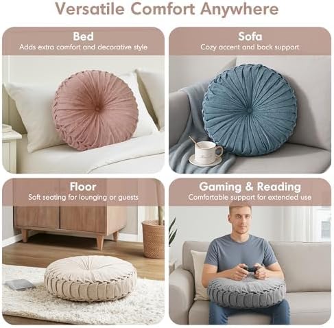 Intelligent Design Loretta Round Chenille Tufted Floor Pillow with Elegant Pleated Design, Large Boho & Vintage Decorative Throw Pillow for Sofa, Bed, or Chair, 22" x 6", Blush