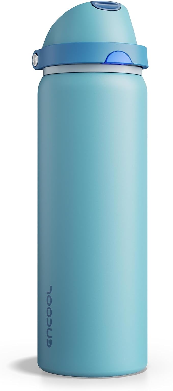 Insulated Water Bottle with Straw - Encool Stainless Steel Water Bottle with Push Button Lid, Leak-Proof & BPA-Free, Keeps Cold for 24 Hours for Sports, Travel, Gym (32 oz, Silk Blue) ENCOOL