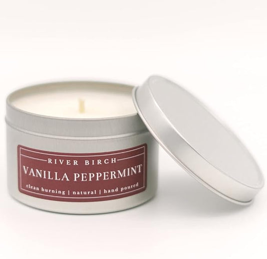 River Birch Candles Vanilla Peppermint Scented Candle | Premium, All-Natural, Non-Toxic, Soy Candles | 8 oz. Silver Tin Travel Candle | Cozy Relaxing Gifts for Home - Bloomnest