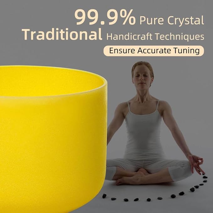 8 inch Yellow E Note Solar Plexus Chakra Quartz Crystal Singing Bowl, for Healing Mindfulness Meditation Yoga Sound Baths, with Rubber Mallet O-ring