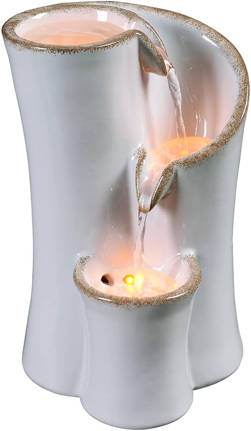 Haobos Indoor Water Fountain Imitation Ceramics Appearance Tabletop Fountain Relaxation Desktop Waterfall w/ 3 Reflective led, 9.8 Inch Tall Fountain (Grey) - Bloomnest