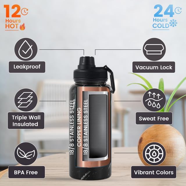 Lexlion Tea Infuser Water Bottle 32 Oz – Triple Wall Insulated Stainless Steel, Loose Leaf & Fruit Strainer, 3 Leakproof Lids, BPA-Free Silicone Sleeve, Reusable Thermal Mug - Bloomnest