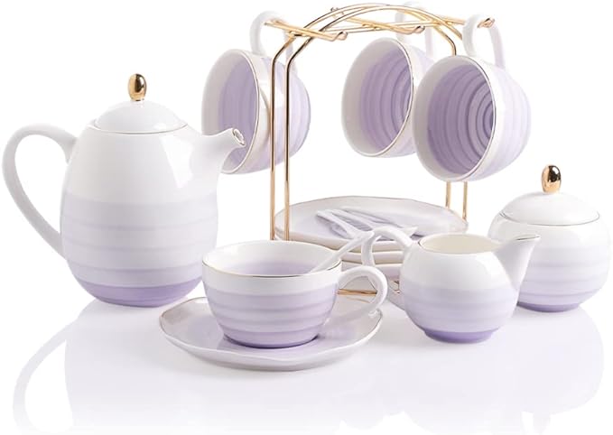Sweejar Porcelain Tea Sets, 8 OZ Cups & Saucer Service for 4, Teapot Sugar Bowl Cream Pitcher Teaspoons and Tea Strainer for Adult Tea Coffee Afternoon Party (Purple) - Bloomnest