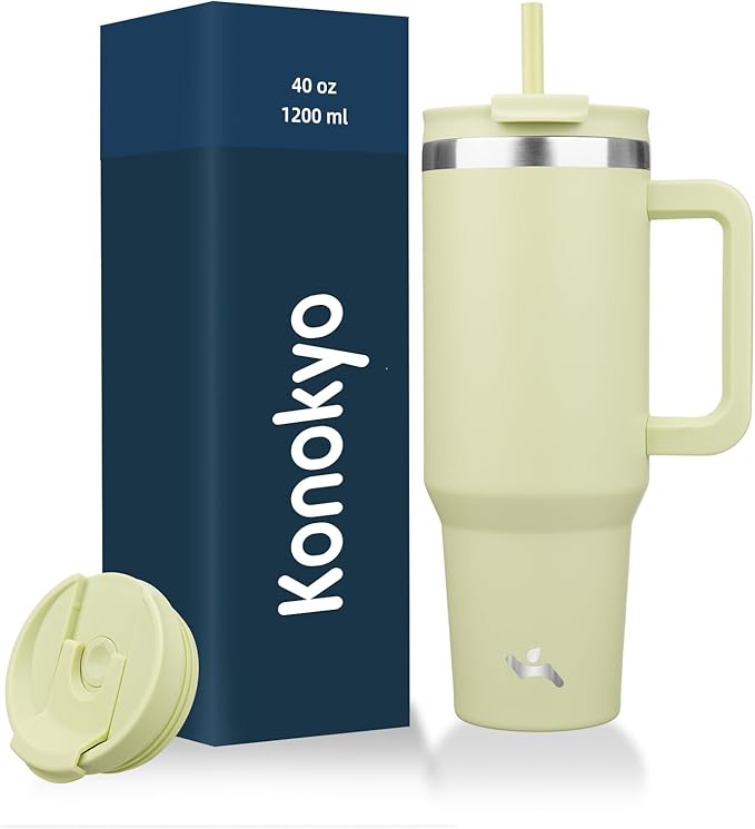 40 oz Tumbler with Handle and 2 Straws,2 in 1 Lid Insulated Water Bottle Stainless Steel Travel Coffee Mug,Macaron Green - Bloomnest