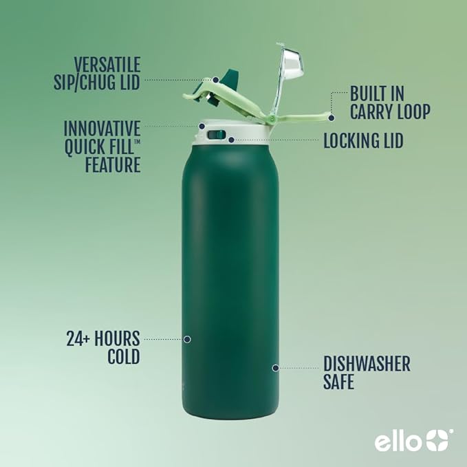 Ello Pop & Fill Insulated Stainless Steel Water Bottle with Quick Fill Lid, Leakproof Locking, Sip or Chug Spout, BPA-Free, Double Wall Vacuum Insulated for Sports, Travel & School- 22oz / 32oz / 40oz Ello