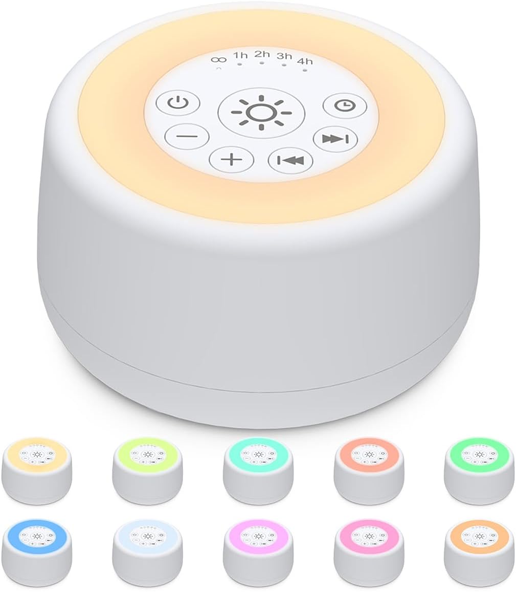 Sleepbox Sound White Noise Machine with 25 Soothing Sounds and 10 Colors Warm Night Light 4 Brightness Levels 32 Volume Levels 5 Timer and Memory Function for Baby Kids Adults Seniors Sleeping White