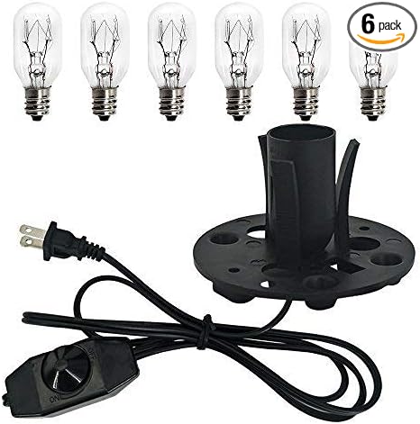 haraqi Himalayan Salt Lamp Cord (6ft) with Dimmer Switch,Original Replacement Cord with Base Assembly(3.34 Inches) and 6 Piece 25 Watt E12 Bulbs for Salt Rock Lamp