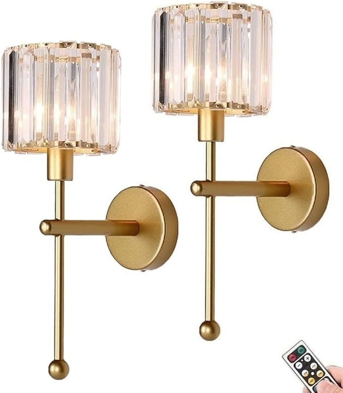 Modern Glass Crystal Wall Sconces Battery Operated Set of 2, Gold Rechargeable Wall Lights with Remote,Non Hardwired Clear Wall Lighting Fixture Brass for Bedroom Bathroom Living Room Porch - Bloomnest