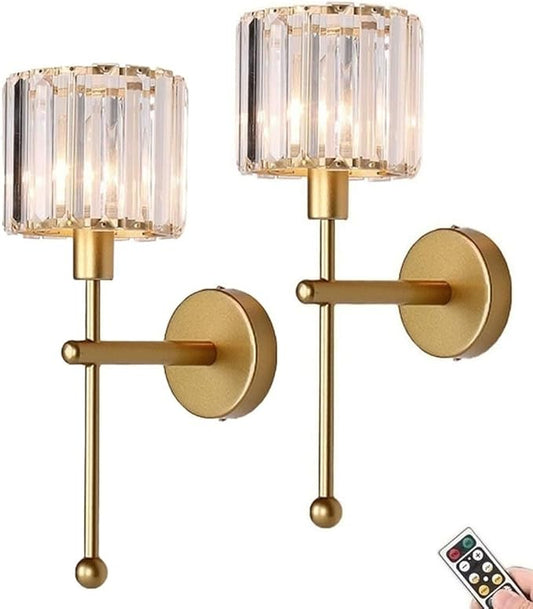 Modern Glass Crystal Wall Sconces Battery Operated Set of 2, Gold Rechargeable Wall Lights with Remote,Non Hardwired Clear Wall Lighting Fixture Brass for Bedroom Bathroom Living Room Porch - Bloomnest