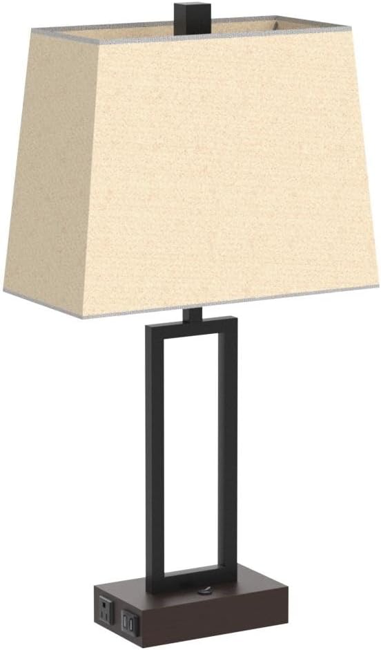 Table Lamp for Bedroom Set of 2 with 2 USB Ports and AC Power Outlet, 23.5" Modern Bedside Lamp, Wood Nightstand Lamp with Linen Shade for Living Room Hotel Desk(LED Bulb Included) - Bloomnest