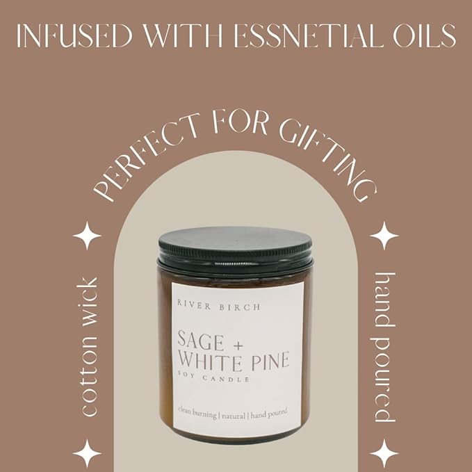 River Birch Candles Sage + White Pine Scented Candle | Premium, All-Natural, Non-Toxic, Soy Amber Jar Candles | 8.5oz 40 Hr Burn Time | Cozy Relaxing Gifts for Home - Bloomnest