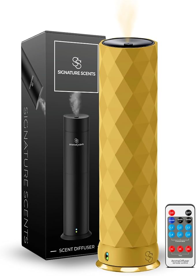 Waterless Essential Oil Hotel Scent Diffuser - Cold Air Diffuser - Covers 1000 sq. ft. - Waterless Diffuser for Home, Office & Hotel (Black + Interchangeable Sleeve) (Black + Gold Sleeve) - Bloomnest