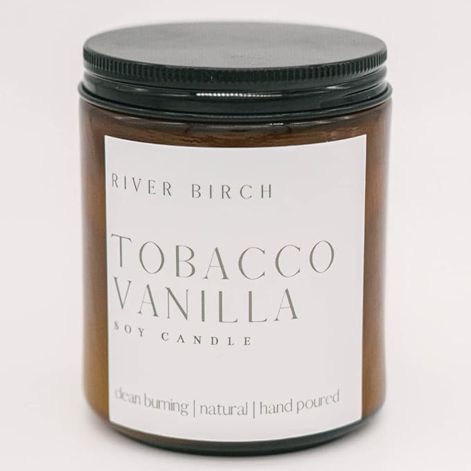 River Birch Candles Tobacco Vanilla Scented Candle | Premium, All-Natural, Non-Toxic, Soy Amber Jar Candles | 8.5oz 40 Hr Burn Time | Cozy Relaxing Gifts for Home - Bloomnest