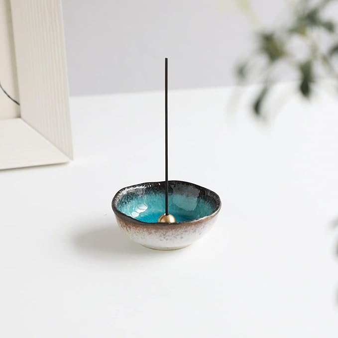 Asayu Japanese Small Mini Incense Holder for Sticks 3.3 inch (83mm), Made in Japan Ceramic Ash Catcher and Brass Incense Burner Set for Yoga, Meditation (Small Mini Nature Ocean Blue Holder) - Bloomnest