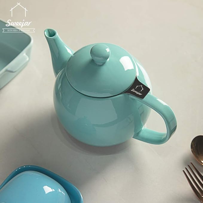 Sweejar Porcelain Teapot with Removable Stainless Steel Infuser,Microwave & Dishwasher Safe Tea Pots for Loose Tea,Tea Infuser Pots for Chrismas Women Gift (30oz Turquoise) - Bloomnest