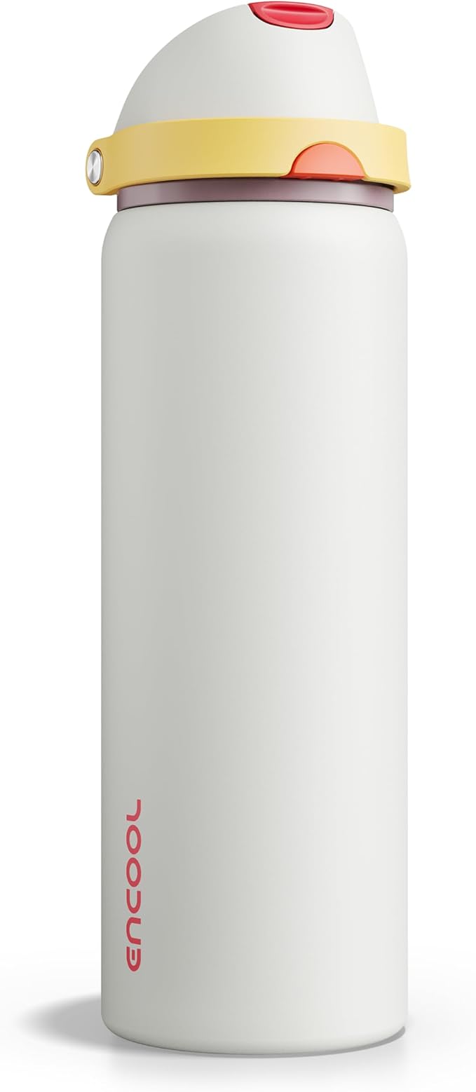 Insulated Water Bottle with Straw - Encool Stainless Steel Water Bottle with Push Button Lid, Leak-Proof & BPA-Free, Keeps Cold for 24 Hours for Sports, Travel, Gym (32 oz, Quill Grey-Red) ENCOOL