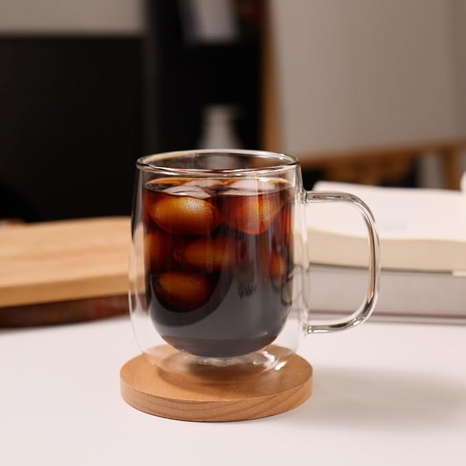 CNGLASS Large Double Wall Glass Coffee Mug 15.2oz,Clear Insulated Glass Espresso Cup with Big Handle,set of 2 - Bloomnest