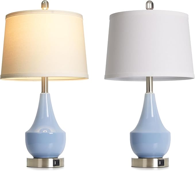Modern Blue Table Lamp Set of 2, 24" Ceramic Table Lamp with USB A+C Ports,Classic Beside Lamps Nightstand Lamp Modern Lamp for Living Room, Bedroom & Office -LED Bulbs Included - Bloomnest