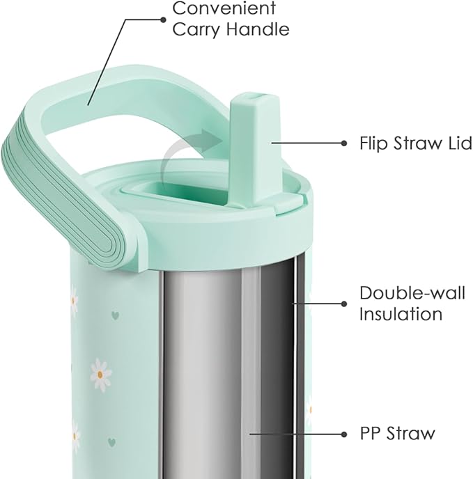 SANDJEST Daisy Stainless Steel Straw Lid Tumbler 30oz with Carry Handle for Women Girls, Insulated Travel Coffee Cup, Gift for Sports Outdoor Workout Christmas Birthday (Mint) - Bloomnest