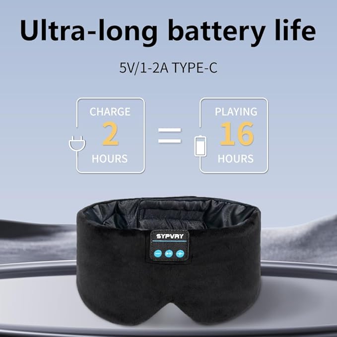 Sleep Mask Bluetooth 5.4 Headphones Soft Wireless Headband Eye Mask Blackout with Microphone (Black M) - Bloomnest