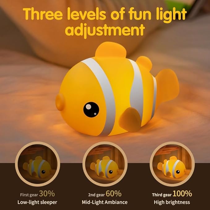 Clownfish Night Light for Kids Nursery - Adorable Ocean-Themed Silicone Baby Light with 3-Level Dimmable LED, Portable Toddler Sleep Lamp for Bedroom, Kids Room, Baby Shower & Birthday Gift - Bloomnest