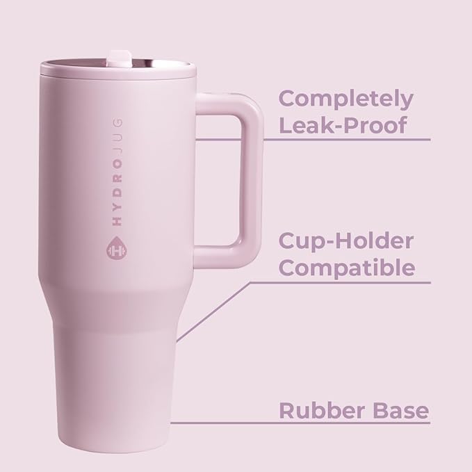 HydroJug Traveler - 40 oz Water Bottle with Handle & Flip Straw - Fits in Cup Holder, Leak Resistant Tumbler-Reusable Insulated Stainless Steel & Rubber Base - Gifts for Women & Men, Sweet Pea Hydrojug