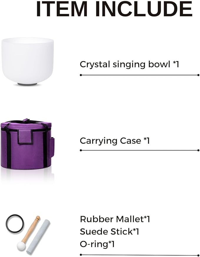 8 Inch D Note 432hz Sacral Chakra Crystal Singing Bowl Healing Pure White with Carrying Case and Rubber Mallet Suede Strikers Oring - Bloomnest