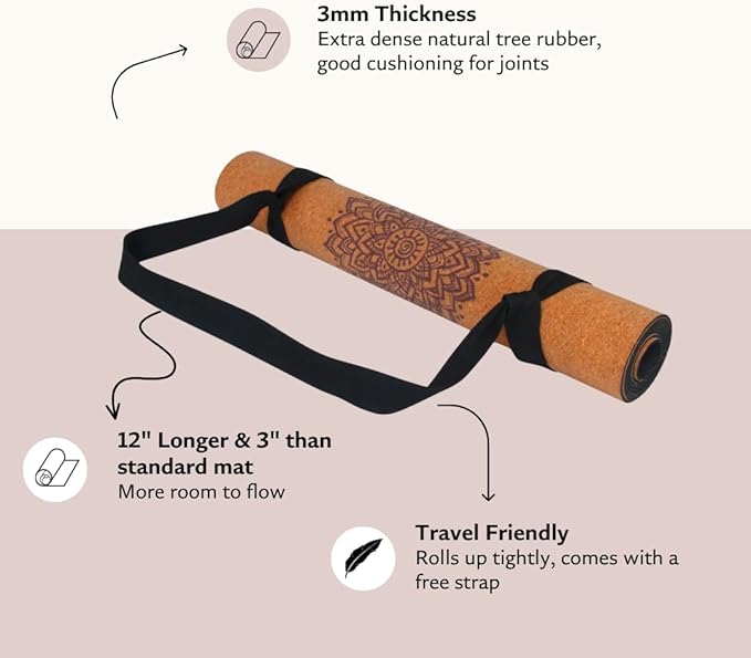 Shakti Warrior Chakra Cork Yoga Mat - Extra Long & Wide, Non Slip, Non Toxic, Great for Yoga, Pilates & Workout (84 x 27 x 2mm Thick) - Bloomnest
