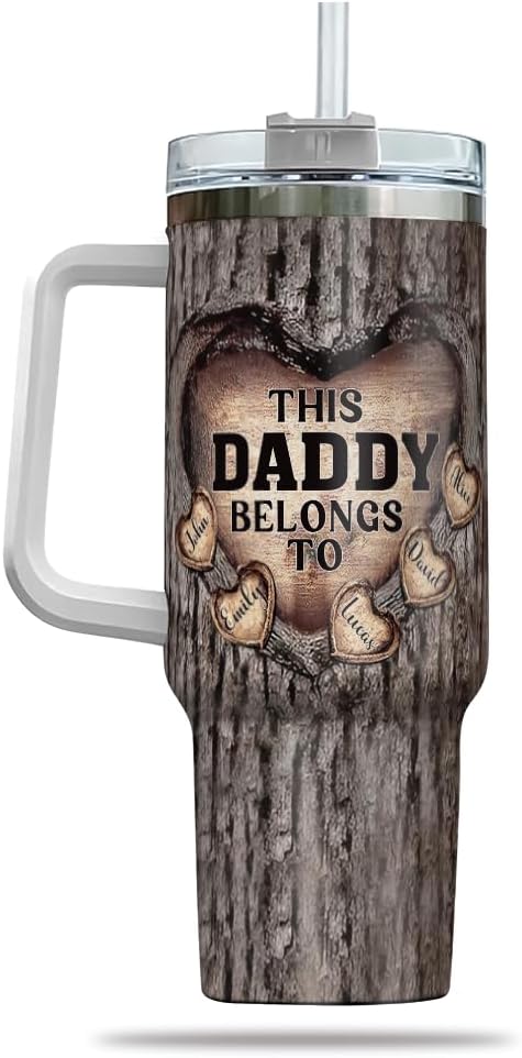 This Daddy Belongs To Personalized Tumbler with Handle, Custom Names Carved Wood Heart 20oz 30oz Stainless Steel Insulated Travel Mug Gift for Dad - Bloomnest