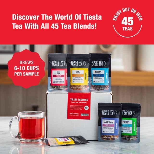 Tiesta Tea - Tiesta Tastings Sampler Dry Flight Set, Loose Leaf, High to No Caffeine, Makes Hot and Iced, Assorted Tea Sets with Herbal, Chai, Fruit Blend & More, 45 Resealable Sample Pouches - Bloomnest