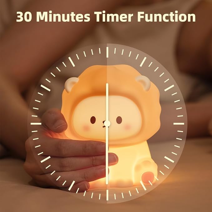 Cute Lion Night Light for Kids, Rechargeable Nursery Lamp with Timer, 3 Brightness Levels & Warm Light, Soft Silicone Baby Night Light, Tap Control, Gift for Toddlers - Bloomnest