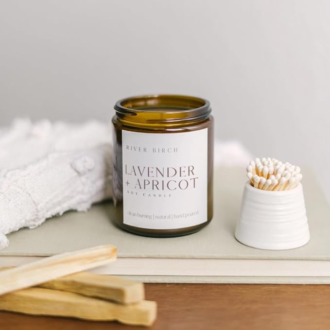 River Birch Candles Lavender + Apricot Scented Candle | Premium, All-Natural, Non-Toxic, Soy Wax, Amber Jar | 8.5oz 40 Hr Burn Time | Cozy Relaxing Gifts for Home - Bloomnest