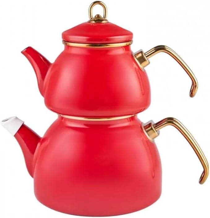 Karaca Retro Turkish Teapot for Stovetop, 1.1L Turkish Tea Pot & 2.3L Kettle, Dishwasher Safe, Induction Tea Pot Set, Vibrant Color Lasting Enamel, Samovar Style, Red - Bloomnest