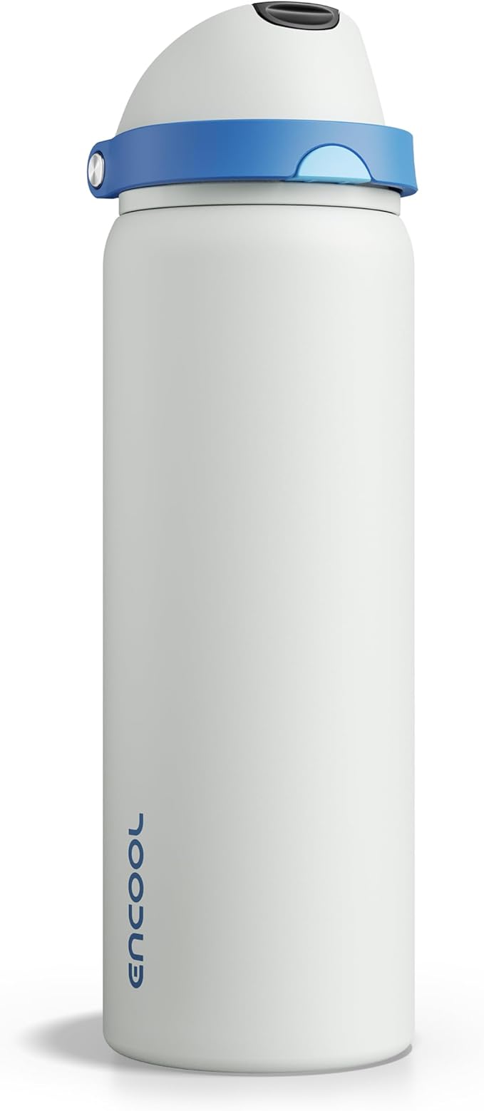Insulated Water Bottle with Straw - Encool Stainless Steel Water Bottle with Push Button Lid, Leak-Proof & BPA-Free, Keeps Cold for 24 Hours for Sports, Travel, Gym (32 oz, Quill Grey-Blue) ENCOOL