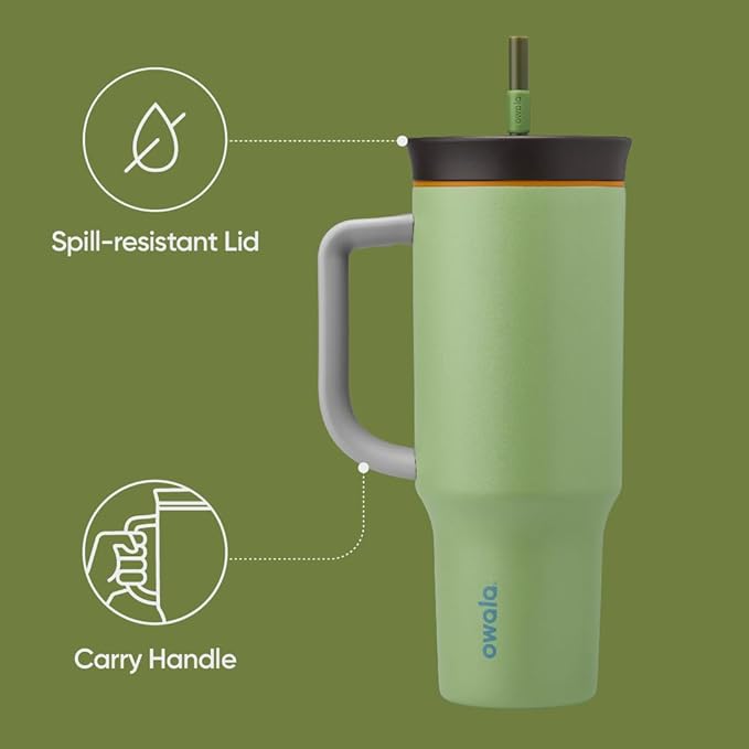 Owala Stainless Steel Triple Layer Insulated Travel Tumbler with Spill Resistant Lid, Straw, and Carry Handle, BPA Free, 40 oz, Green (Brave Adventures) - Bloomnest