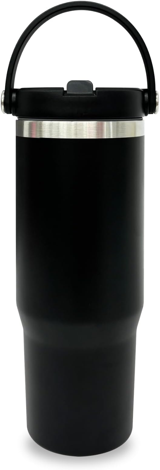 30 oz Tumbler with Top Handle, Double Wall Vacuum Insulated Tumbler with Flip Straw, Travel Coffee Mug 30oz Powder Coated Cup for Laser Engraving (Black,1 pack)