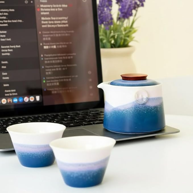 Hermit Life Chinese Travel Tea Set, Portable Ceramic Teapot for One to Two, Gongfu Tea Set with Color Gradient Design, 1 Pot 2 Cups, Gift for Tea Lovers (Azure Coast) - Bloomnest