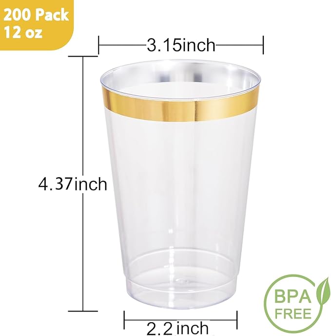 I00000 200 Pack 12 oz Gold Plastic Cups, Clear Disposable Cups, Disposable Plastic Wine Glasses Cocktail Glasses Premium Cups with Gold Rim, 12 Ounce Tumblers for Party & Wedding - Bloomnest