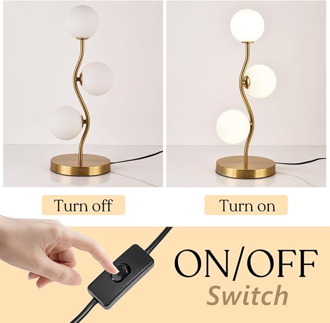 Mid Century Gold Globe Table Lamp 3-Light Flower Curve Beside Desk Table Light with Milk White Glass Shade Metal Base Nightstand Lamp for Bedroom Bedside - Bloomnest