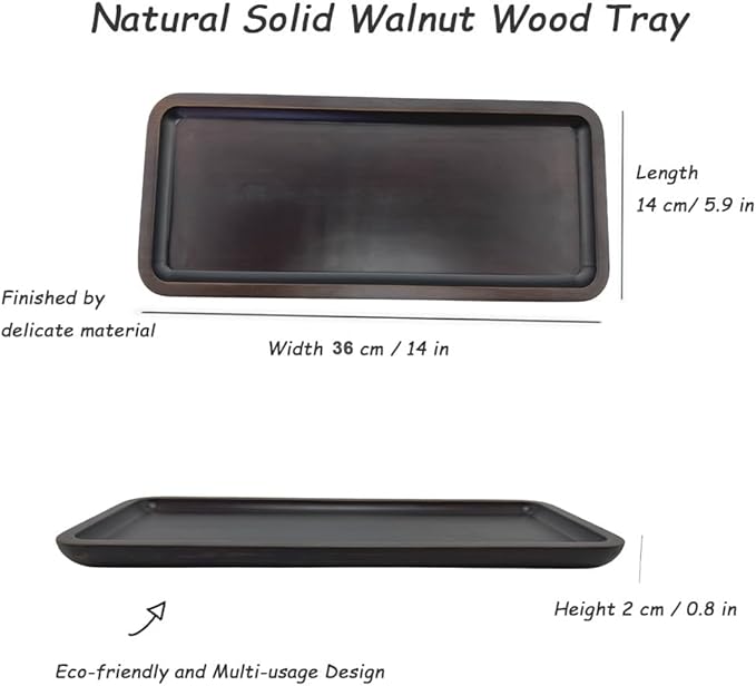 Wood Vanity Tray, Bathroom Counter Solid Walnut Organizer, Toilet Tank Top Wooden Serving Plate for Dinner Tea Coffee (Natural Walnut Color, 14 x 5.9 inch) - Bloomnest