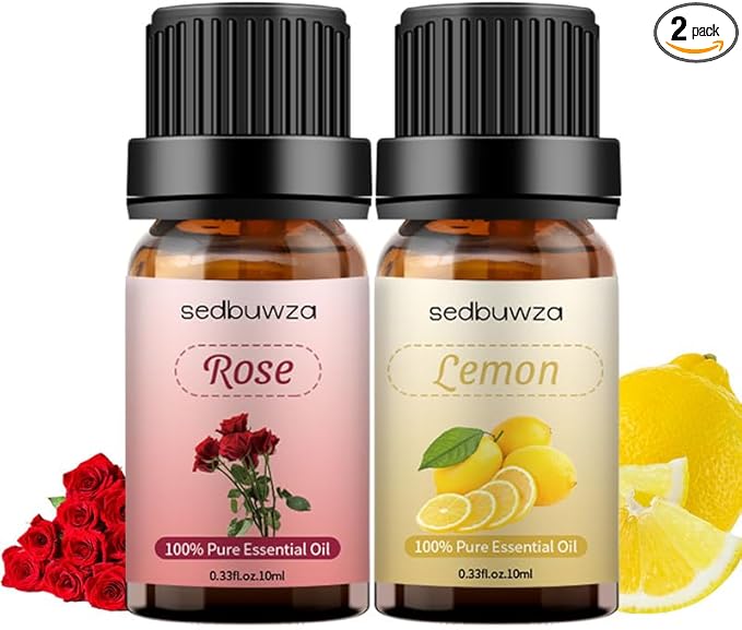 Sedbuwza Rose Lemon Essential Oil Set, Rose Fragrance Oil Lemon Scent Oil Set for Diffuser, Aromatherapy, Massage, Soap, Candle Making 2 x 10 ml Sedbuwza