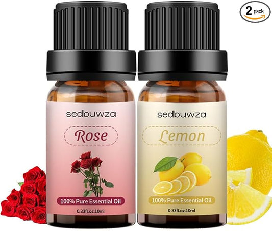 Sedbuwza Rose Lemon Essential Oil Set, Rose Fragrance Oil Lemon Scent Oil Set for Diffuser, Aromatherapy, Massage, Soap, Candle Making 2 x 10 ml Sedbuwza