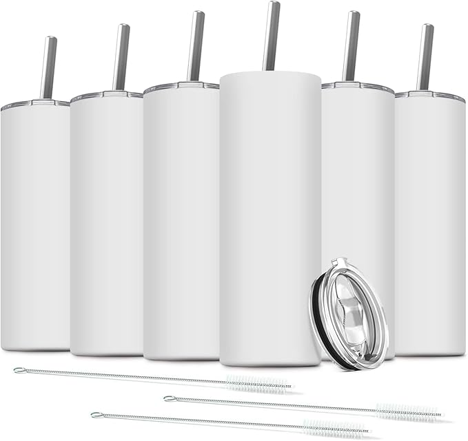 6 Pack Stainless Steel Skinny Tumbler, 20 OZ Double-Insulated Water Tumbler Cup with 6 Straw and 3 Brush, Vacuum Travel Mug Gift for Hot Cold Drinks with Cleaning(White) - Bloomnest