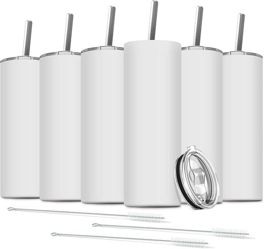 6 Pack Stainless Steel Skinny Tumbler, 20 OZ Double-Insulated Water Tumbler Cup with 6 Straw and 3 Brush, Vacuum Travel Mug Gift for Hot Cold Drinks with Cleaning(White) - Bloomnest