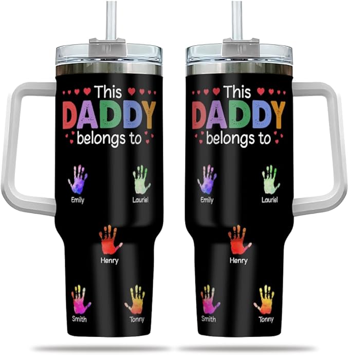 Personalized Dad Tumbler with Handle and Straw, Custom Handprint Design with Kids’ Names, Cute Father’s Day Gift from Children for Daddy or Papa - Bloomnest